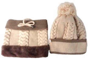 Women's Girls Faux Fur Knit Hat and Neck Warmer Set Brown and Beige - Picture 1 of 6