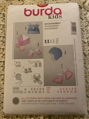 Burda Kids 9477 Hat Mittens Booties Baby Accessories 1-18 months Uncut Pattern  - Image 1 of 2