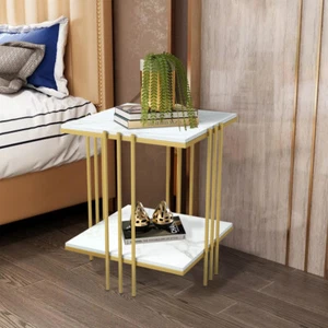 2 Tier Marble Coffee Side Table Bedside Sofa End Table Corner Storage Shelf Gold - Picture 1 of 12