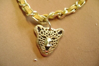 PREOWNED SPOTTED LEOPARD CHAR, TAN SWEDE CHAIN  7" LENTH GOLD TONE BRACELET - Image 1 of 4