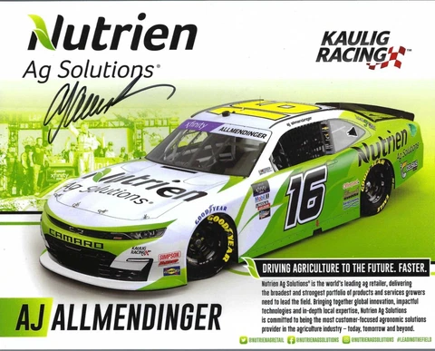 SIGNED 2022 AJ ALLMENDINGER "NUTRIEN AG" #16 NASCAR XFINITY POSTCARD NOT 2023 Cover