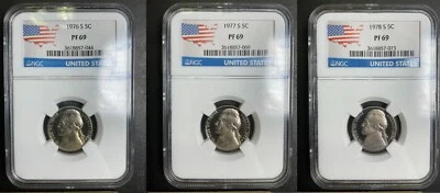 NGC PR69 Set 1976 1977 1978 Jefferson Nickels 5c GEM BU PQ Blast White Luster 8 - Image 1 of 2