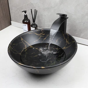 Black Ceramic Bathroom Vessel Sink Black Faucet Basin Vanity Bowl Combo Drain - Picture 1 of 13