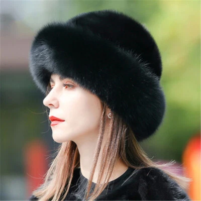 Hat Women's Real Mink Fur Whole Full Mink Fur Hat Warm Cap Bucket Hat Beanies - Image 1 of 4