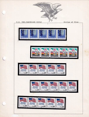 US #3207a,3208a,2606---5 Precancel Plate Number Strips of 5, MNH on album page - Image 1 of 4