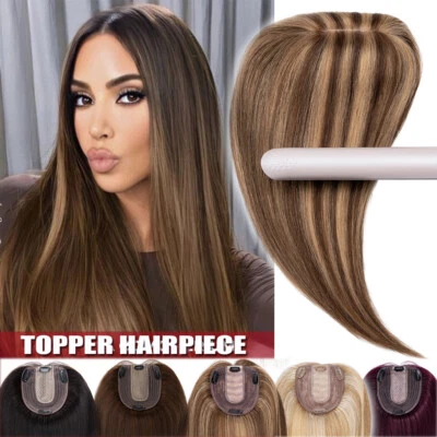 Topper sin costuras toupee clip en cabello humano Remy parte superior peluca base seda EE. UU. Foto 1 de 4