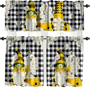 Spring Summer Honey Bee Gnome Daisy Floral Kitchen Curtain Valance Set,Black ... - Picture 1 of 7