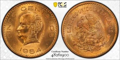 Moneda de 5 centavos de bronce 1954 PCGS MS66 RD roja - MÉXICO - #47198A Foto 1 de 3