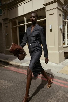 NWT Zara Midi Denim Stretch Dress Button Shirt Ruched Small - Image 1 of 4