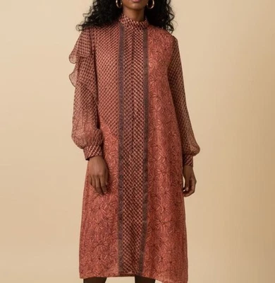 Vestido Vaina de Seda Hecho a Mano Naranja Negro Mezcla Estampado Gasa Transparente Mangas Largas Foto 1 de 4