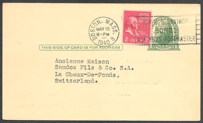 Boston MA Uprated Postal Card, Grinding Wheel Co. to Switzerland, Prexie 1940 - Image 1 of 2