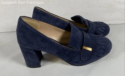 Vince Camuto Blue Suede Round Toe Slip On Block Loafer Womens Heels Size 5M - Image 1 of 4
