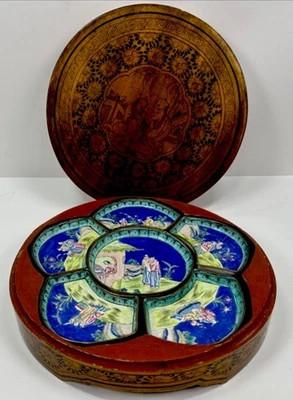 JUEGO DE PLATOS DE CARNE DULCE ESMALTADO CHINO CANTÓN RARO DE COLECCIÓN CAJA DE MADERA PINTADA A MANO Foto 1 de 4