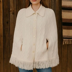 Vintage Creme Strick Cape Poncho Fransenborte Knopfleiste Boho Western Umhang Schal - Bild 1 von 9
