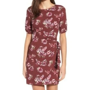 ASTR the label Wine Maroon Floral Short Sleeve Faux Wrap Mini Dress XS - Picture 1 of 7