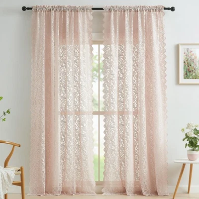 Cortinas transparentes de encaje rosa 84 pulgadas vintage florales paneles de cortina de ventana transparentes para... Foto 1 de 4