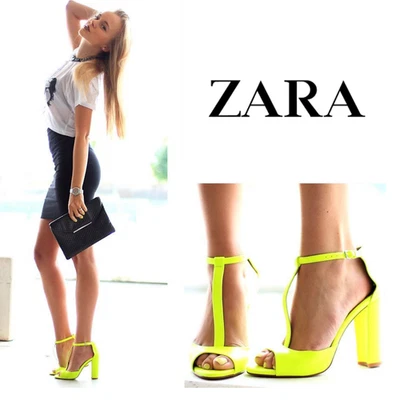 ZARA Neon Yellow T-Strap Block Heel Sandals Women's Sz 6.5 Fluo Lime Party Shoes - Image 1 of 4