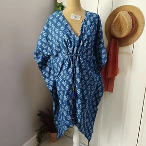Prendas para el torso de caftán con estampado azul índigo hechas a mano indio hippie talla única 23/3 - Imagen 1 de 8
