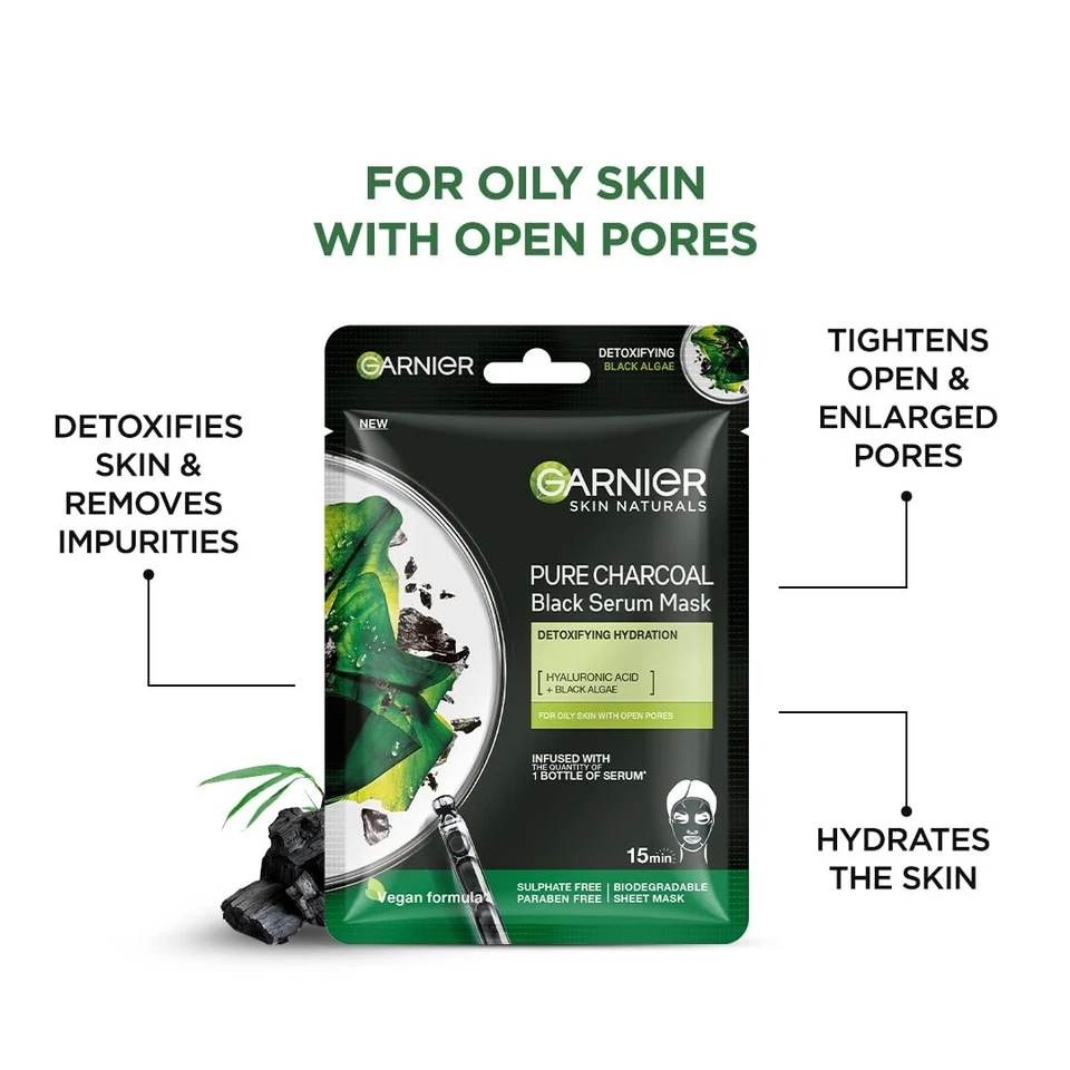 Garnier Skin Naturals, Face Serum Sheet Mask Pack of 5 Pure Charcoal Sheet Mask - Image 1 of 4