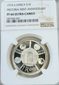 1974 SOUTH AFRICA SILVER 1 RAND S1R PRETORIA MINT ANNIV NGC PF 66 ULTRA CAMEO - Picture 1 of 4