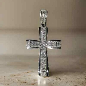 2CT Round Lab-Created Diamond Jesus Cross Pendant 14K White Gold Plated Silver - Picture 1 of 8