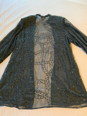 Vintage 80s Sheer Chiffon Beaded Jacket Goth Glam Duster Dynasty Fest Fun Unique - Image 1 of 4