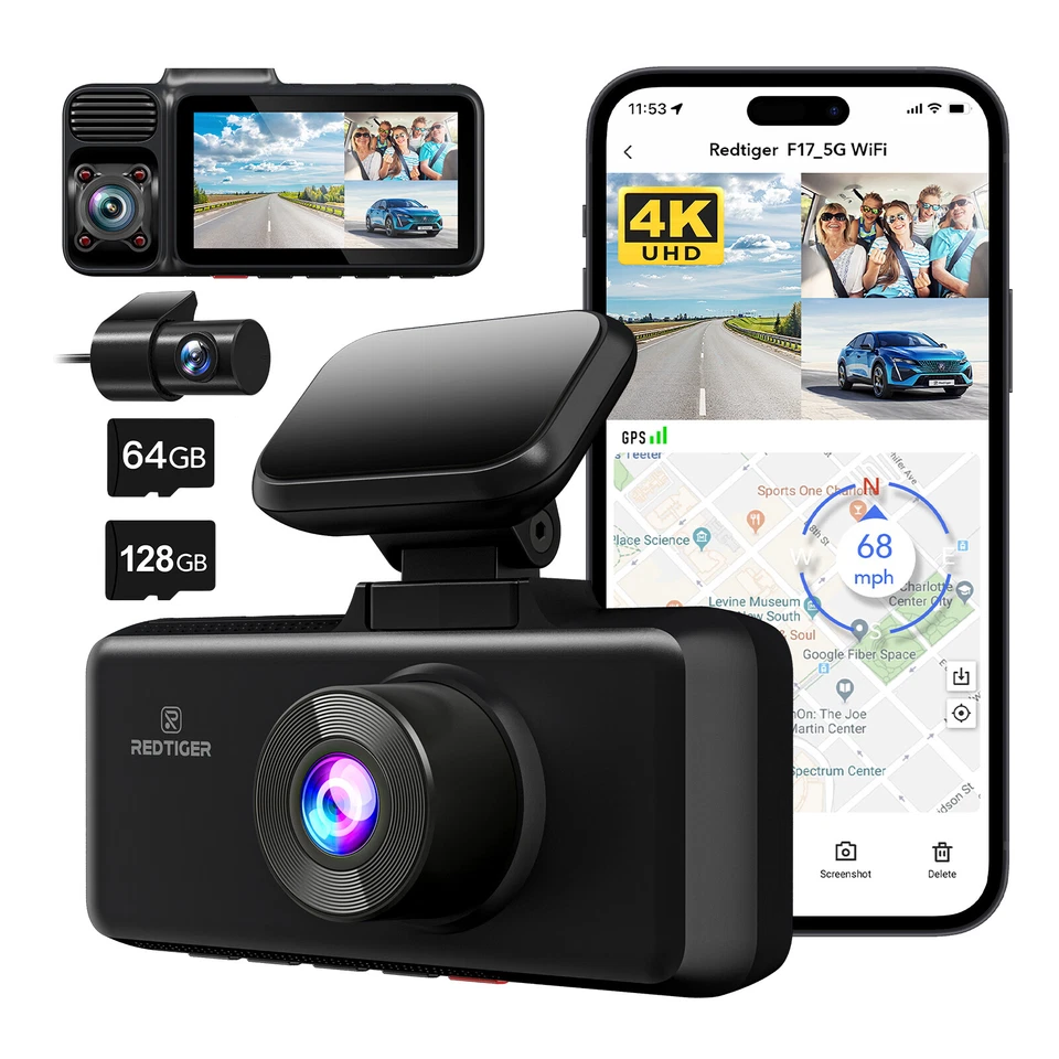 REDTIGER 3 Channel 4K Dash Cam 5G WiFi Front and Rear Inside With 128GB SD Card