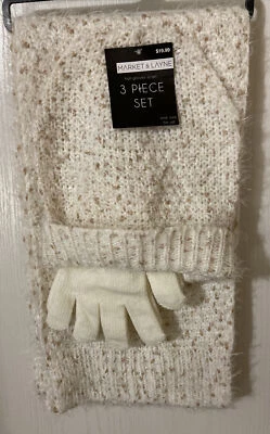 Market & Layne Juego de 3 Piezas Sombrero, Guantes y Bufanda Marfil y Dorado Talla 1 Se Adapta a Todo Nuevo Foto 1 de 4