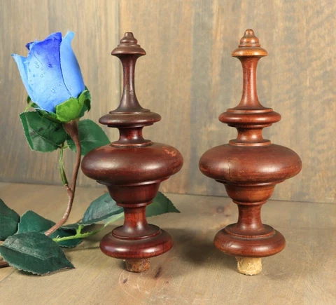 French Antique Victorian Finial Pair Newel Post Carved Turned Wood Salvaged Cover