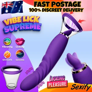 Licking Tongue Sucking Vibrator Suction Cup Dildo G Spot Clit Stimulator Sex Toy - Picture 1 of 19