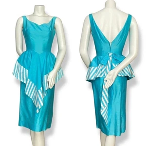 Abito vintage anni 60 Lilli Ann DIFETTI uccellino ferito peplo gonna blu righe bianche - Foto 1 di 16