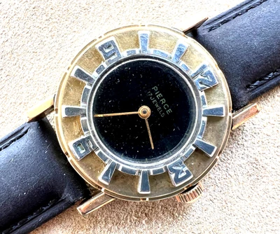 Vintage Pierce wristwatch rare bezel 1950's mcm 2 tone black gilt dial Works - Image 1 of 4