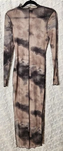 Blanc Womens Sheer Maxi Dress Size Small Brown Tie Dye Mesh Mock Neck Whimsigoth - Picture 1 of 11