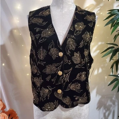 Dressbarn Vtg Velvet Glitter Sparkle Gold Button Waistcoat Vest Womens Sz L NWT - Image 1 of 4