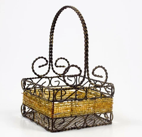 Square Wire Decorative Basket with Topaz-Colored Bugle & Seed Beads Small Cover