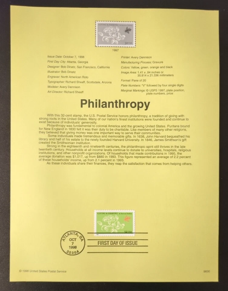 32c Philanthropy 1998 SOUVENIR PAGE SCOTT # 3243 SP1283 - Image 1 of 1