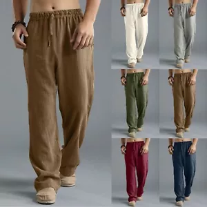 Men's Linen Pants Casual Drawstring Yoga Beach Loose Lightweight Long Pants - Picture 1 of 18