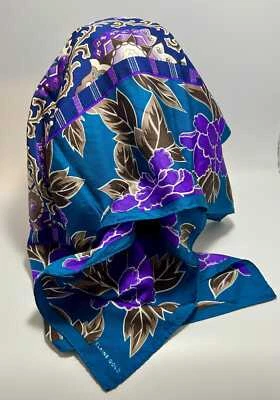 Vintage Eliane Gold Teal Blue with Purple Flower Silk Square Scarf 30" x 31" - Image 1 of 4