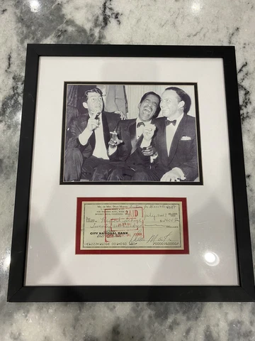 Dean Martin Signed Check Matted With Vintage Photo Of The Rat Pack BAS Cover