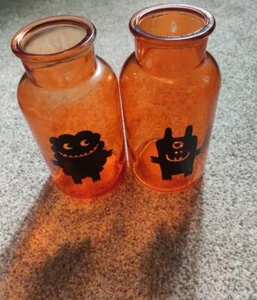 Halloween Little Monsters Tealight Lantern Jars Orange Glass Light Up Ornaments - Picture 1 of 11