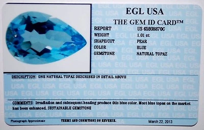 EGL USA CERTIFIED BLUE NATURAL TOPAZ 1.01 CT PEAR CUT GENUINE GEMSTONE - Image 1 of 4