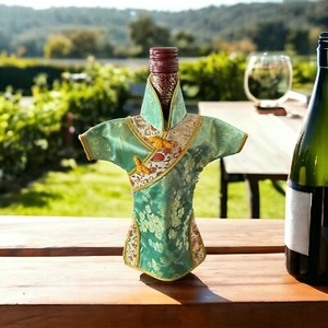 Wine Bottle Cover Oriental Chinese Qipao Green & Yellow Dress Chinese Gift Decor - Picture 1 of 4