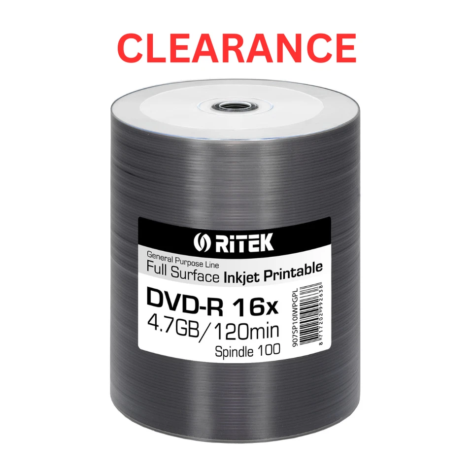 100 x Ritek General Purpose Inkjet Full Surface White Printable DVD-R - Image 1 of 1