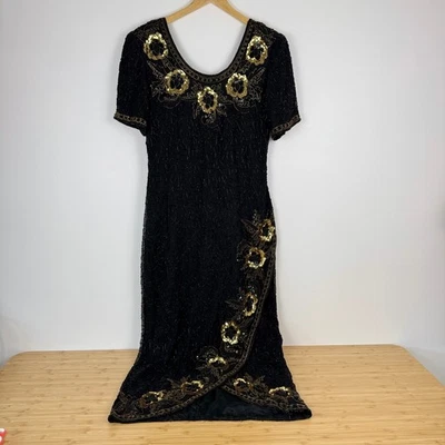 Lawrence Kazar Black 100% Silk Beaded Sequin Floral Maxi Dress XL Evening Formal - Image 1 of 4