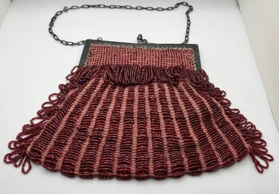 Antique 1920s Red/Pink Hand-Sewn Beaded Flapper Purse with Kisslock Metal Frame - Image 1 of 4