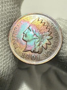 1901 Indian Head Cent Penny, Lustrous Choice AU+ Toned RB Toned - Picture 1 of 2