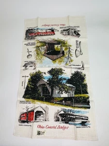 Vintage Kay Dee Hand Prints Pure Linen Tea Towel Ohio Covered Bridges NWT - Picture 1 of 5