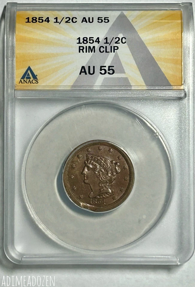 1854 1/2C Mint Error Braided Hair Half Cent (ANAC AU55 Rim Clip) DS13967EW - Image 1 of 4