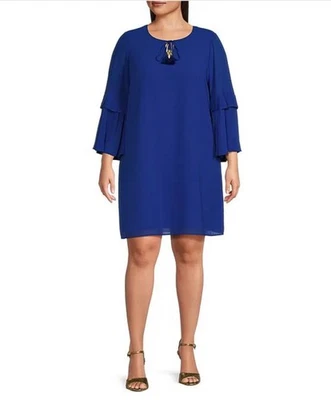NWT Vince Camuto Plus Sz 18W Chiffon Keyhole Tie 3/4 Sleeve Shift Dress Cobalt - Image 1 of 4