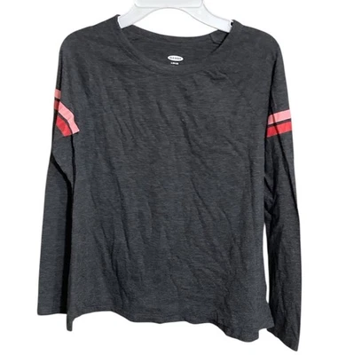 Girl’s Old Navy Long Sleeve Grey Pink & Red Stripe Arm Bands T-shirt – size 12 - Image 1 of 4